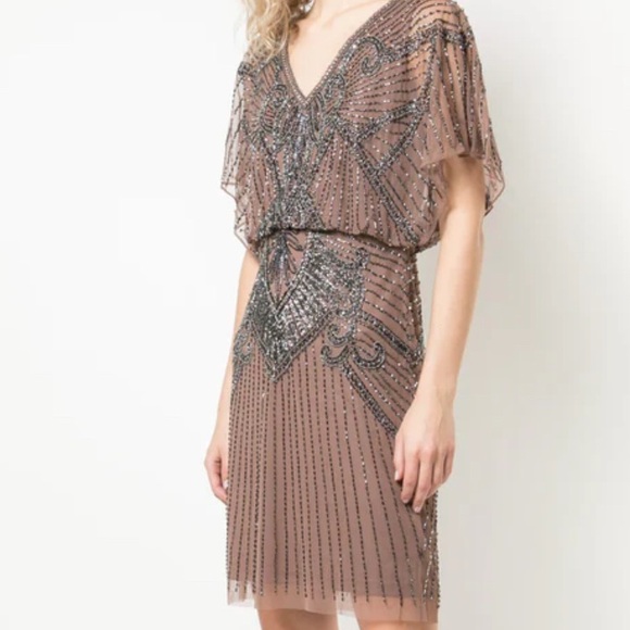 1920s Flapper Aidan Mattox 2 Tan Beaded Sheer Illusion Nude Designer Extra Smsll - Picture 2 of 12